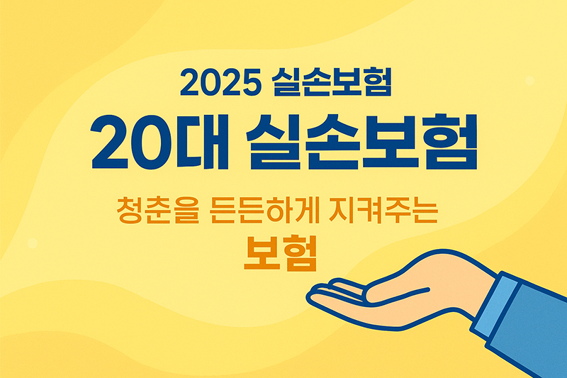 2025년 20대 실손보험'이라는 텍스트를 든든하게 받쳐주는 손 모양 일러스트는, 실손보험이 20대의 청춘을 안정적으로 지켜주는 중요한 역할을 한다는 것을 시각적으로 표현합니다.
