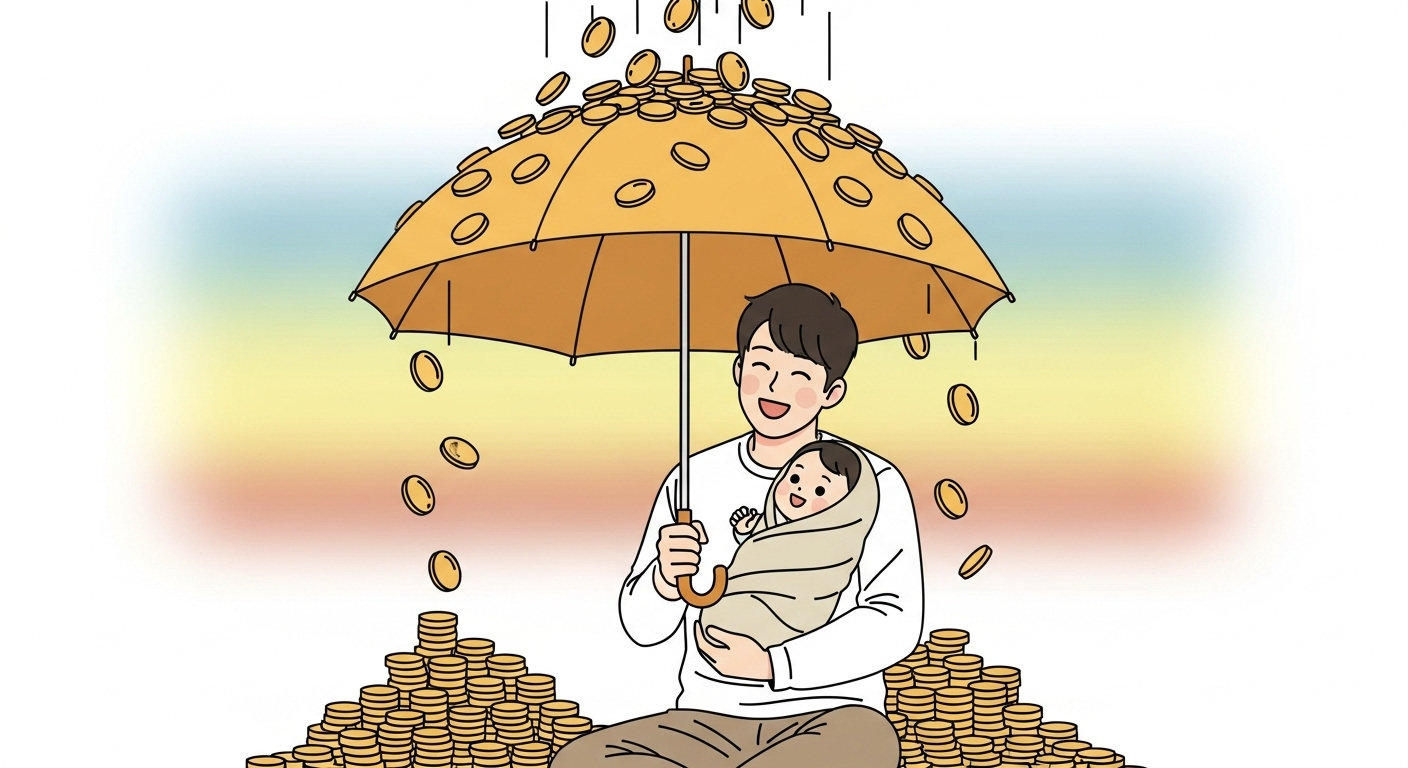 아빠와 아기가 동전 비를 막아주는 튼튼한 우산 아래 있는 일러스트는, 2025년 아빠 육아휴직급여 제도가 안정적인 육아 환경을 제공함을 시각적으로 표현합니다.