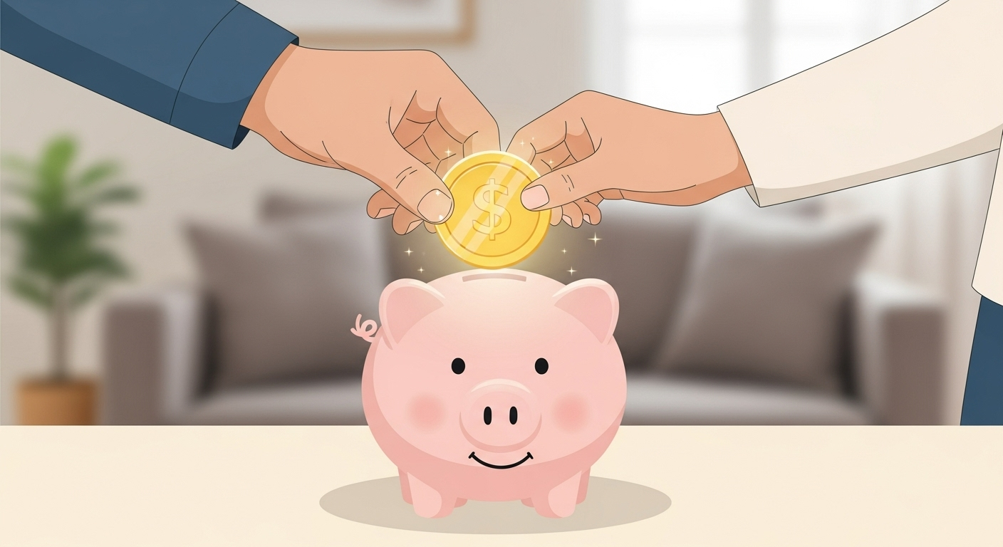 아기 얼굴 모양의 돼지 저금통에 부모가 함께 동전을 넣는 모습은 2025년 출산지원금을 활용한 희망찬 미래 준비를 시각적으로 표현합니다.