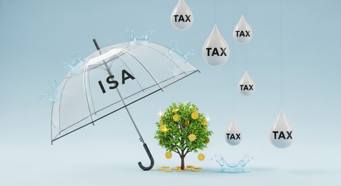 세금 비를 막아주는 ISA 우산 아래에서 돈나무가 자라는 모습은 ISA 계좌의 강력한 절세 혜택을 통해 자산을 안전하게 증식시키는 과정을 시각적으로 표현합니다.