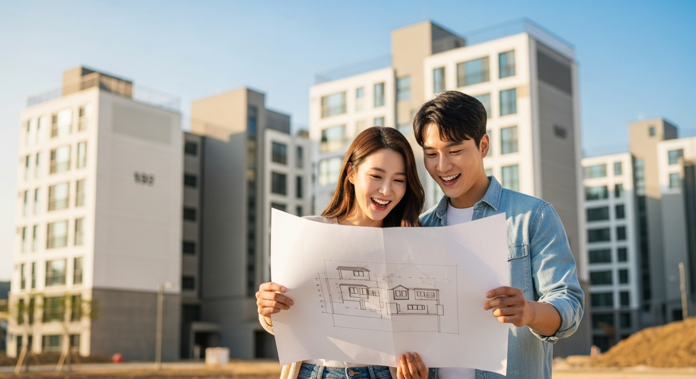 젊은 신혼부부가 새로 지은 아파트를 배경으로 집의 설계도를 보며 행복하게 웃는 모습은 2025년 신혼부부특별공급을 통한 내 집 마련의 희망과 기대를 시각적으로 표현합니다.