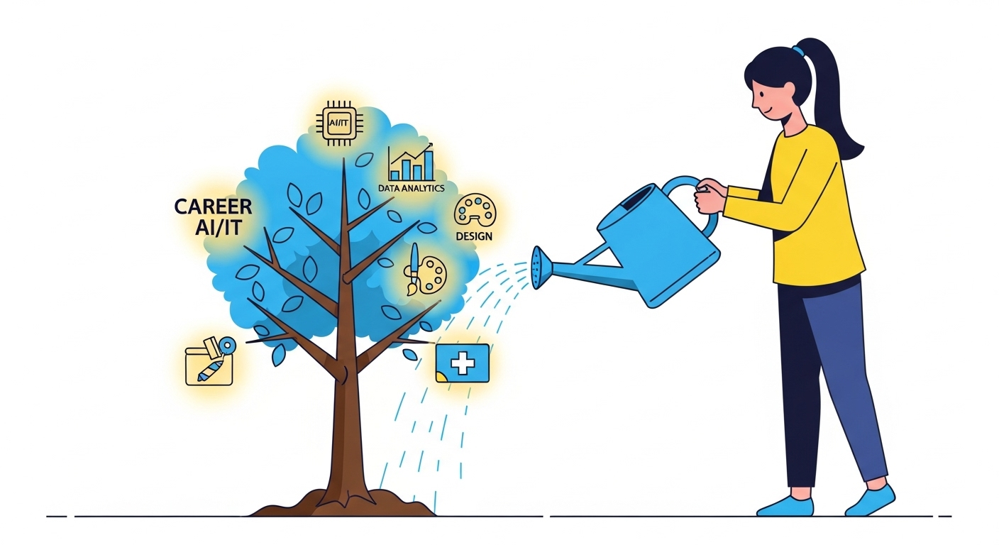 다양한 직업 아이콘이 열린 나무에 물을 주는 모습은 직업훈련을 통한 커리어 성장과 잠재력 개발을 시각적으로 표현합니다.