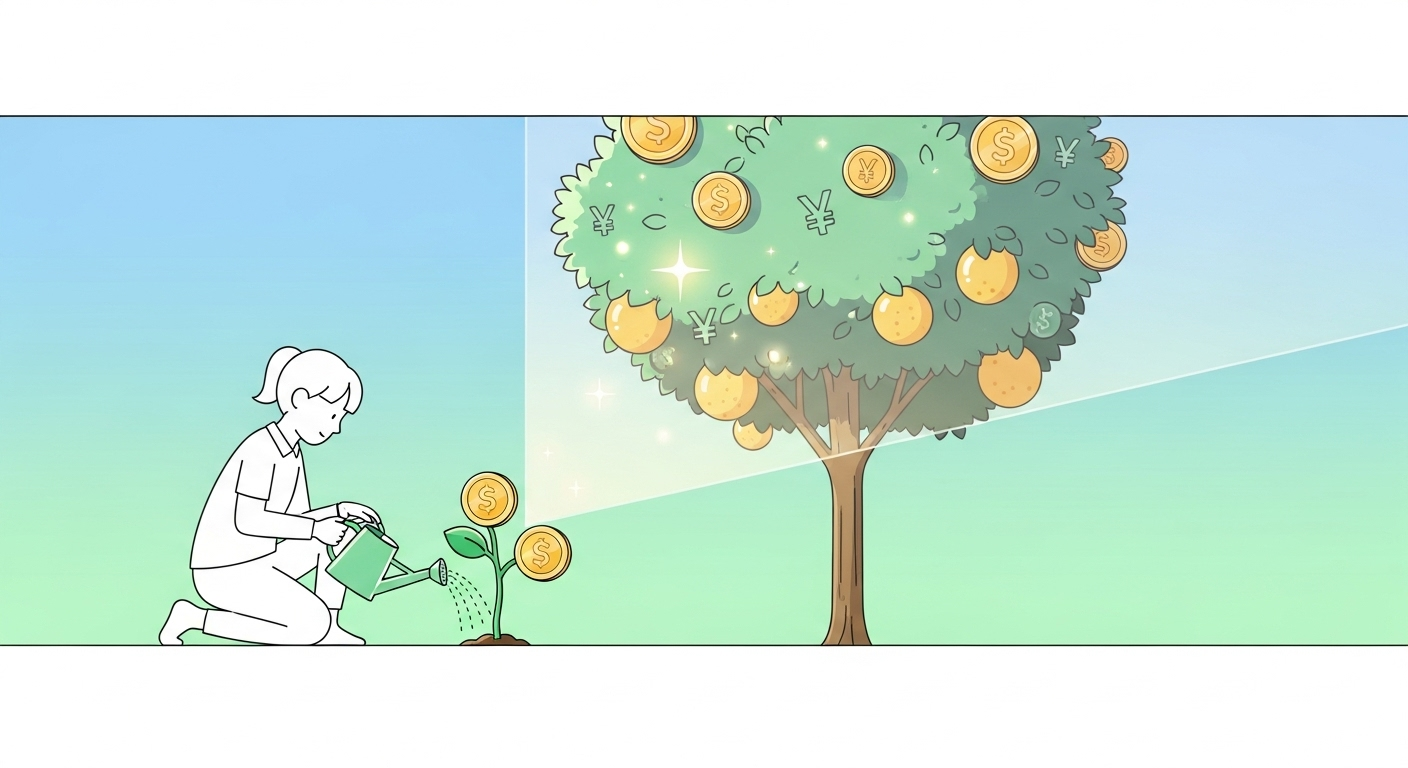 한 청년이 돈나무 새싹에 물을 주는 모습은 2025년 청년 자산형성 제도를 통한 미래 자산의 성장을 시각적으로 표현합니다.