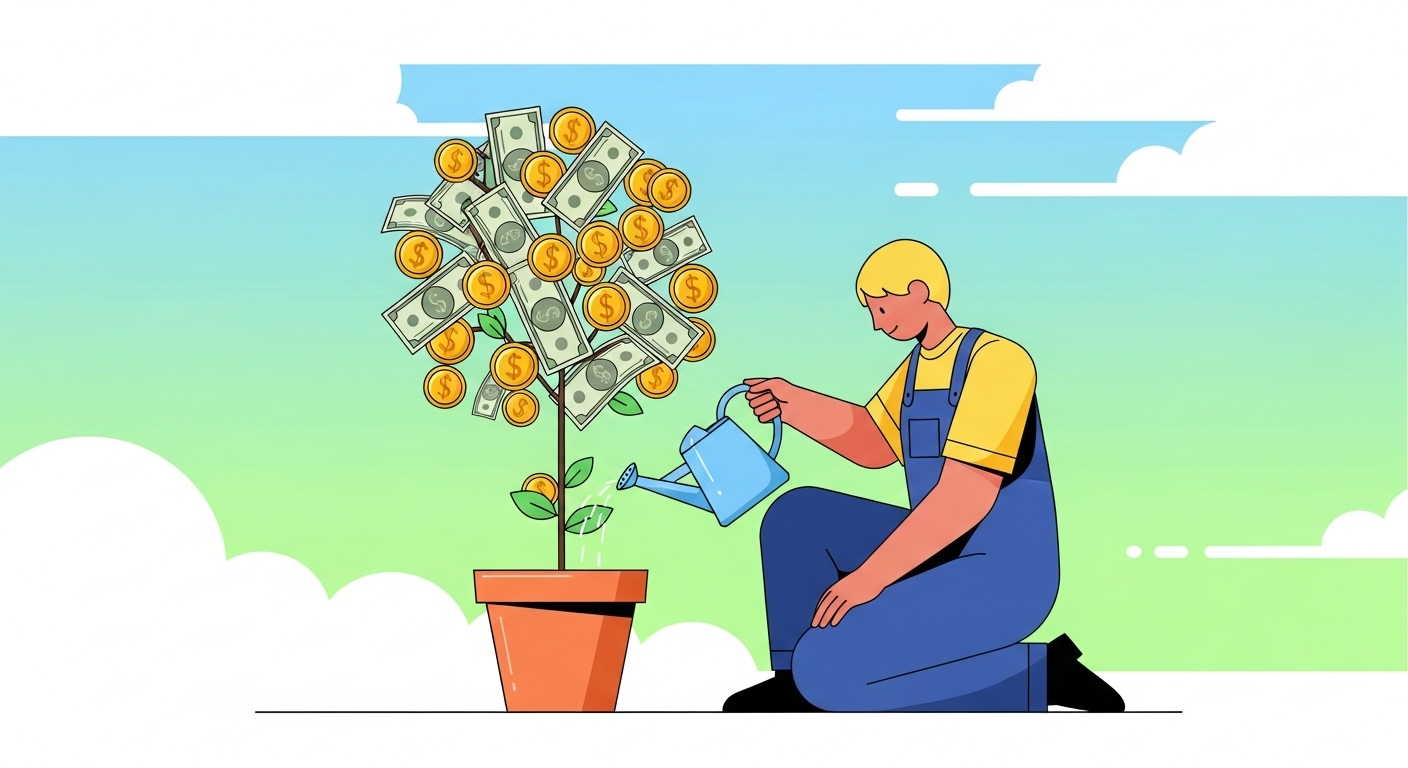 돈나무 새싹에 물을 주는 청년의 모습은 청년도약계좌를 통해 자산을 형성하고 미래를 준비하는 과정을 시각적으로 표현합니다.