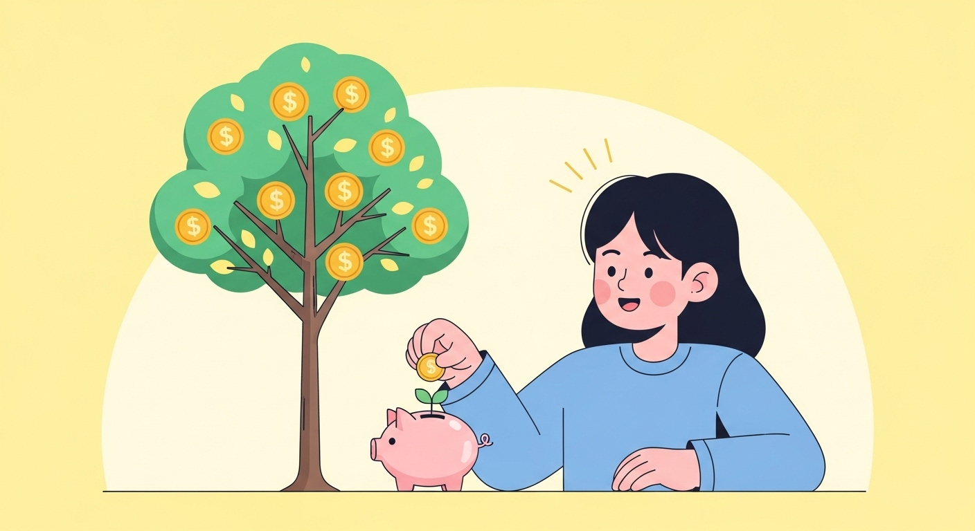 한 청년이 새싹이 자라는 저금통에 저축하자 돈나무가 자라나는 일러스트는 2025년 청년내일저축계좌를 통한 자산 형성과 희망찬 미래를 시각적으로 표현합니다.