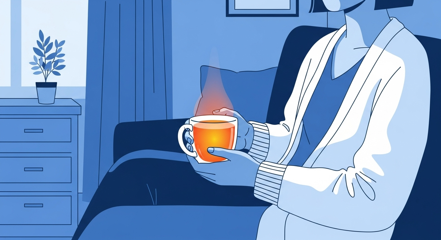 시원한 실내에서 한 사람이 따뜻한 차를 마시며 가디건을 입고 있는 일러스트는 냉방병 예방을 위한 건강한 체온 유지를 시각적으로 표현합니다.