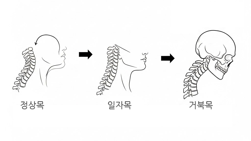 정상적인 C자형 커브 목뼈와, C자 커브가 반대로 휘어진 역 C자 형태의 거북목 경추 구조를 비교하는 의료 일러스트