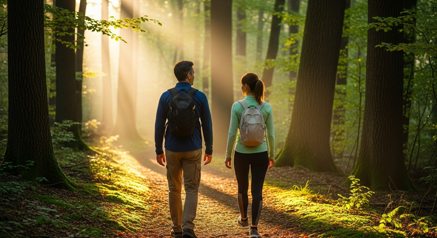 상쾌한 숲길을 올바른 자세로 걷는 사람들의 모습은 걷기 운동의 건강 효과와 활기찬 삶을 시각적으로 표현합니다.