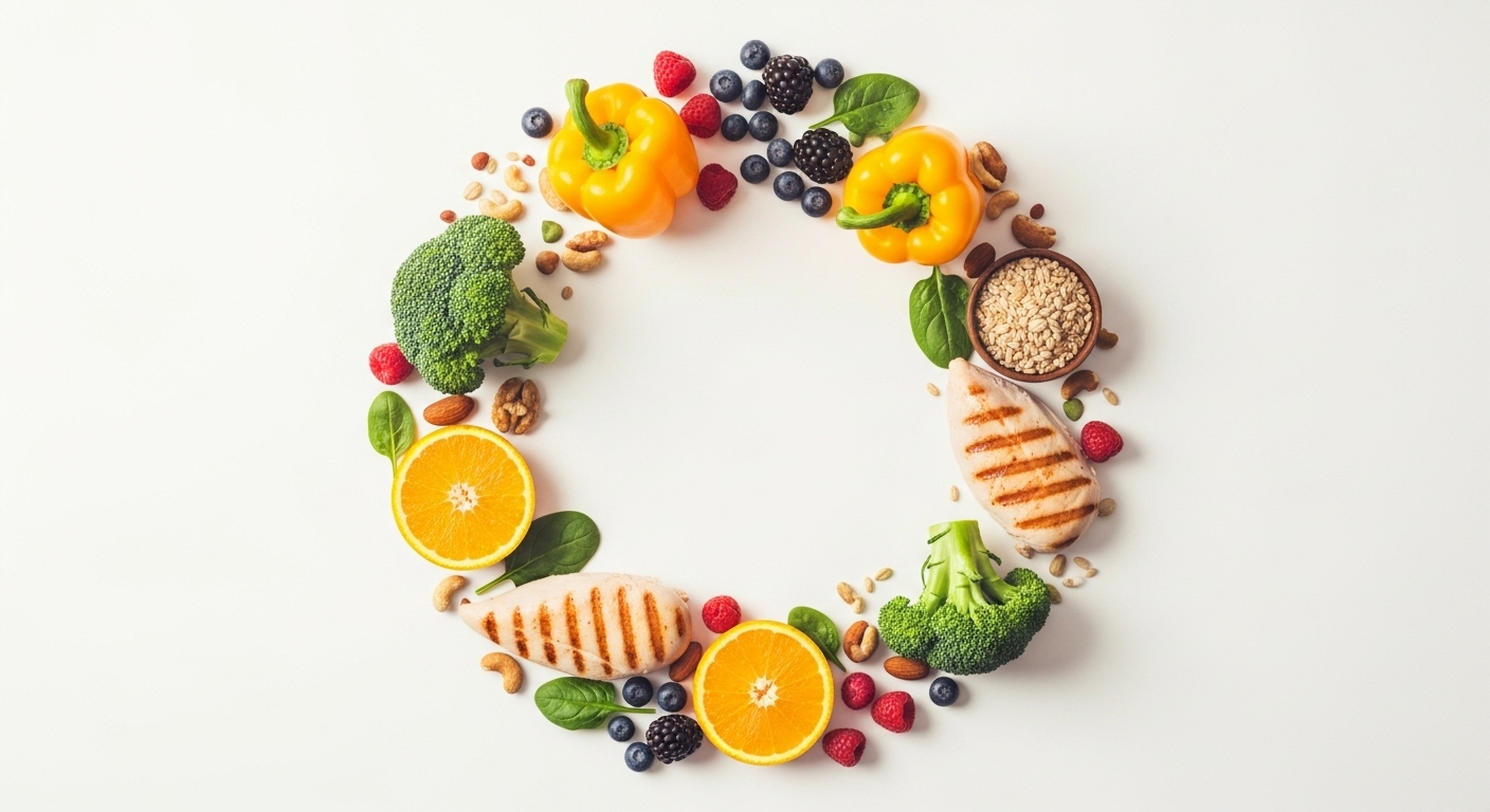 다채로운 채소, 과일, 통곡물, 단백질 식품이 조화롭게 원을 이루는 이미지는 하루 필수 5대영양소를 균형 있게 섭취하는 것의 중요성을 시각적으로 표현합니다.