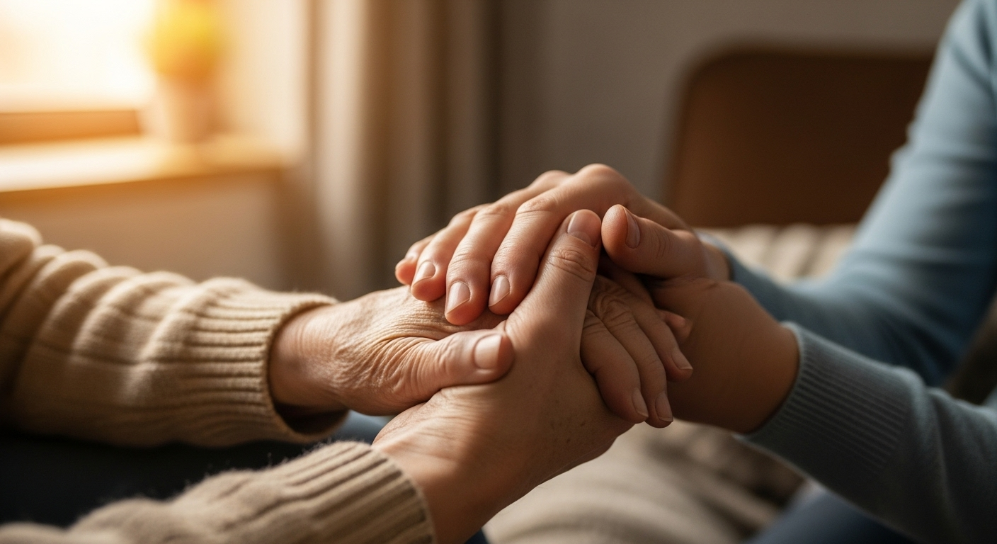 젊은 자녀의 손이 어르신의 손을 따뜻하게 잡고 있는 모습은 2025년 노인장기요양보험 제도가 제공하는 안정감과 신뢰를 시각적으로 표현합니다.