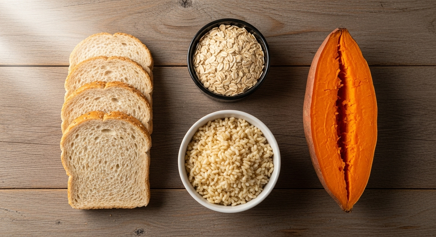 나무 식탁 위에 건강한 탄수화물 공급원인 현미밥, 통밀빵, 고구마, 귀리가 놓여 있는 사진.