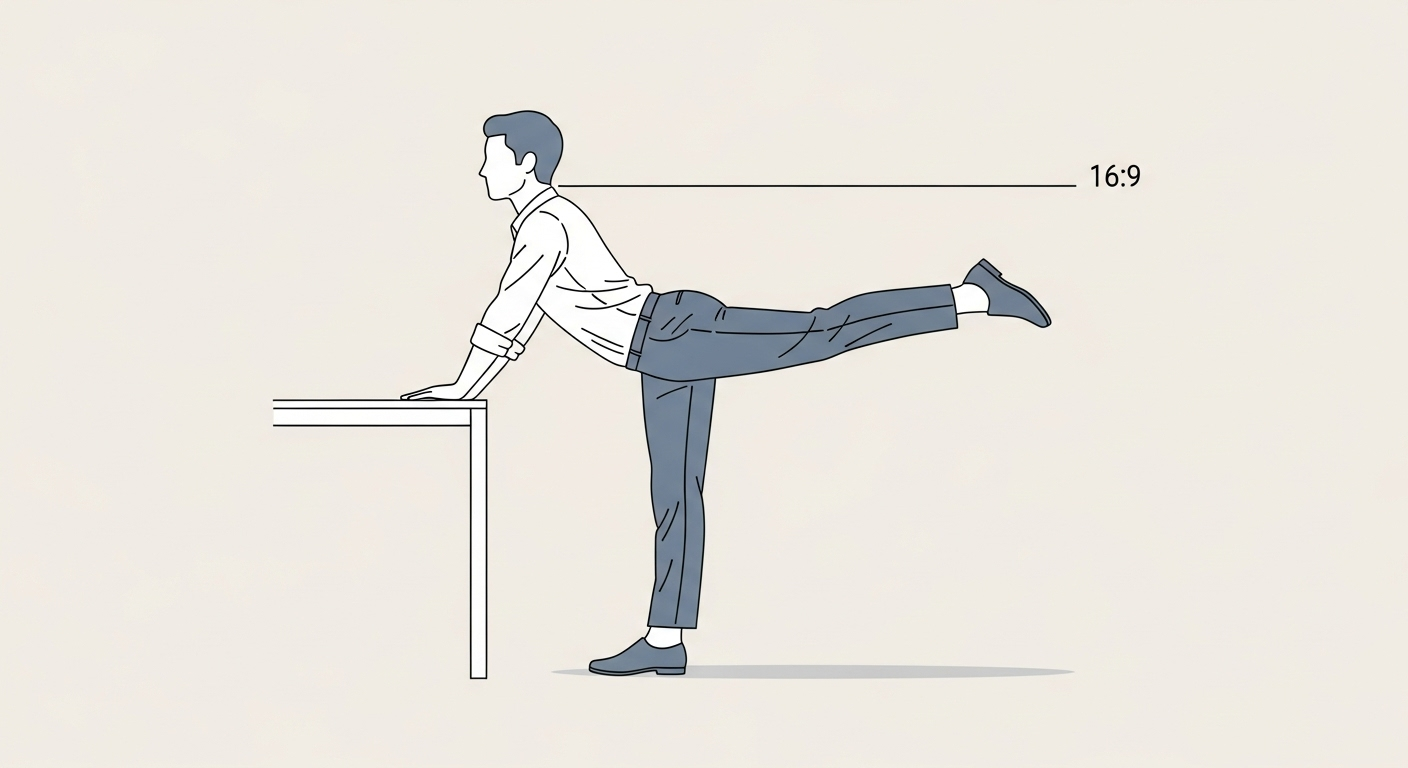 책상을 짚고 서서 스탠딩 킥백 스트레칭을 하는 모습