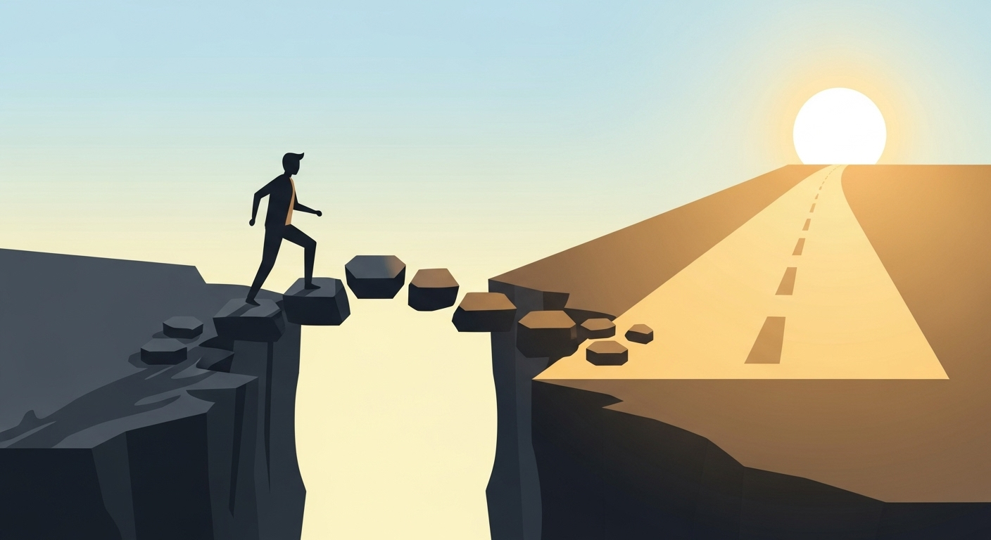 불안정한 징검다리를 건너 햇살이 비치는 안정적인 길로 나아가는 사람의 모습은 햇살론15를 통해 금융적 어려움을 극복하고 희망을 찾는 과정을 시각적으로 표현합니다.