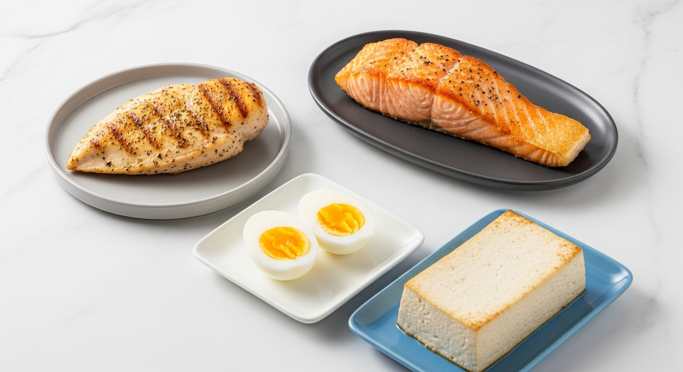흰색 대리석 위에 닭가슴살, 연어, 달걀, 두부 등 다양한 단백질 공급원이 담겨 있는 사진.
