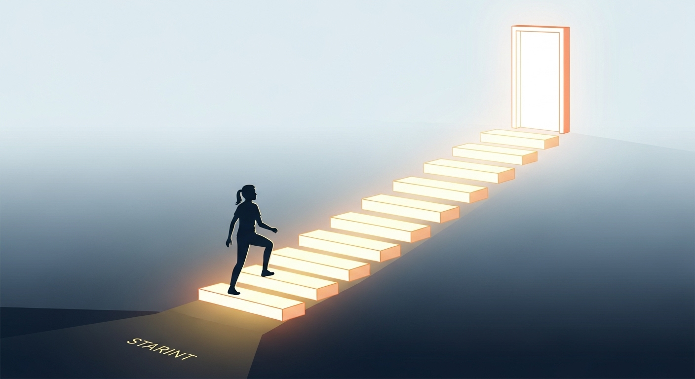 한 청년이 빛나는 계단을 밟고 밝은 미래로 나아가는 일러스트는 청년 취업성공패키지가 제공하는 단계별 지원을 통해 성공적인 취업 목표 달성을 시각적으로 표현합니다.