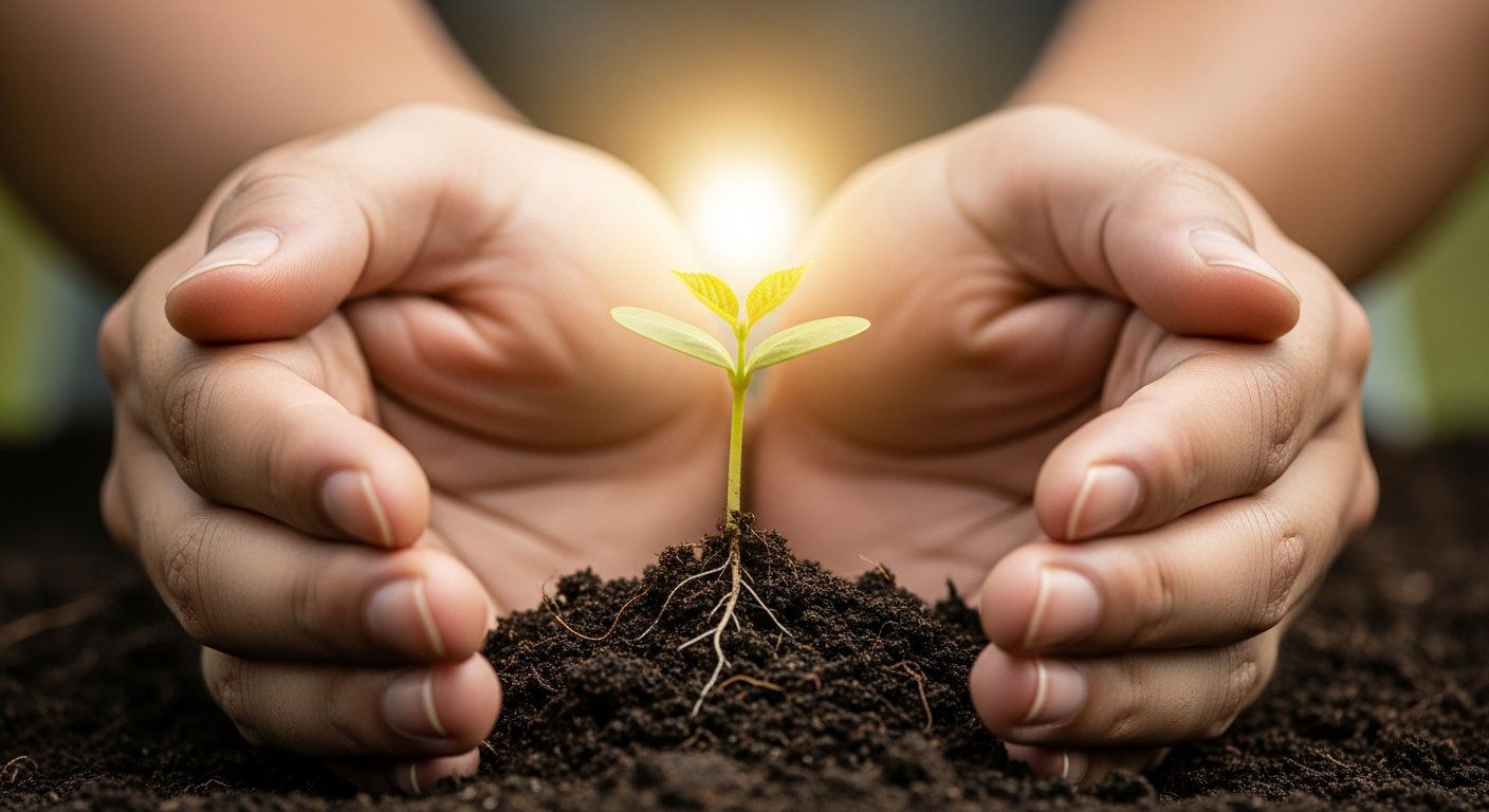사람의 두 손이 흙에서 막 돋아난 작은 새싹을 소중하게 감싸고 있는 모습은, 기초생활수급제도가 어려운 상황에 놓인 기초생활수급자들의 최소한의 삶을 보호하고 새로운 시작을 돕는 핵심 가치를 시각적으로 표현합니다.