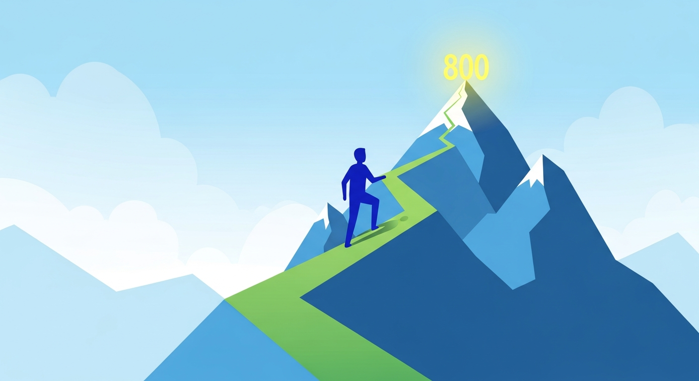 산 정상을 향해 한 걸음씩 올라가는 사람의 모습은 신용점수 800점이라는 목표를 향한 꾸준한 노력과 성공적인 달성 과정을 시각적으로 표현합니다.