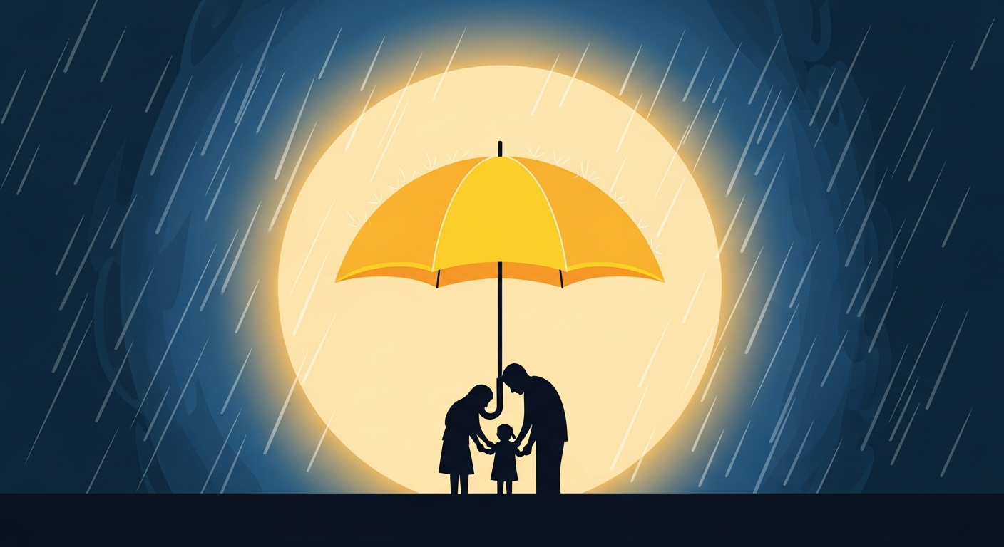 폭풍우 속에서 가족을 안전하게 보호하는 튼튼한 우산 일러스트는 예기치 못한 위기 상황에서 든든한 버팀목이 되어주는 긴급복지지원제도의 역할을 시각적으로 표현합니다.
