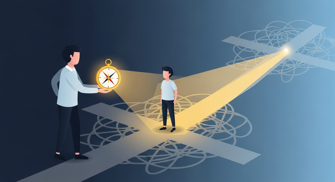 전문가가 취업 준비생에게 나침반을 건네주며 나아갈 길을 알려주는 모습은, 국민취업지원제도가 구직자에게 맞춤형 지원을 통해 성공적인 취업의 방향을 제시하는 핵심 역할을 시각적으로 표현합니다.