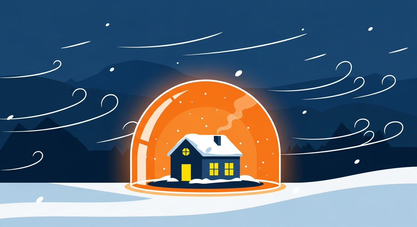 추운 겨울 속에서 따뜻한 에너지 보호막이 집을 감싸주는 모습은 에너지바우처가 저소득층의 따뜻한 겨울나기를 돕는 핵심 가치를 시각적으로 표현합니다.