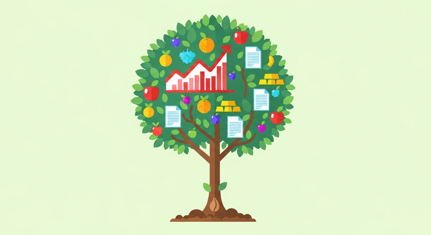 하나의 씨앗(ETF)에서 다양한 자산을 상징하는 열매들이 열리는 나무가 자라는 모습은, ETF 하나로 손쉽게 분산 투자 포트폴리오를 구축하고 자산을 성장시키는 핵심 가치를 시각적으로 표현합니다.