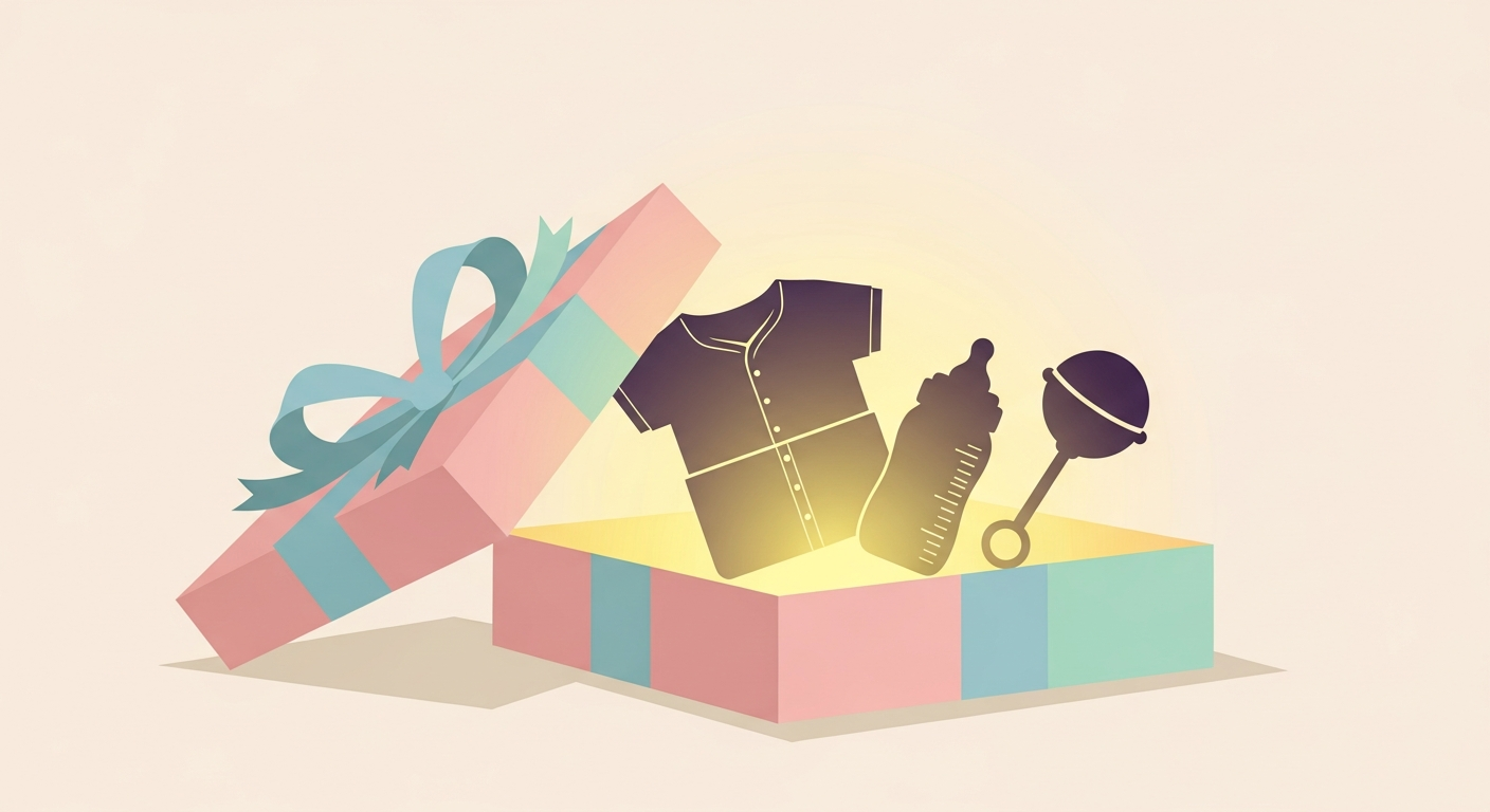 아기용품이 담긴 선물 상자가 열리며 빛이 나오는 모습은, 첫만남이용권이 새로운 생명의 탄생을 축하하고 부모의 첫걸음을 지원하는 국가의 소중한 선물이라는 핵심 가치를 시각적으로 표현합니다.