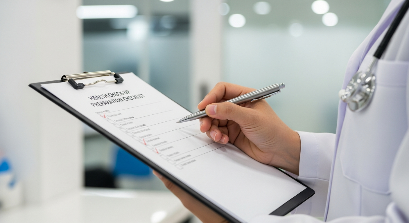 전문가가 건강검진 준비사항 체크리스트를 꼼꼼히 확인하는 모습은, 정확한 검진 결과를 위한 체계적이고 철저한 사전 준비의 중요성을 시각적으로 표현합니다.