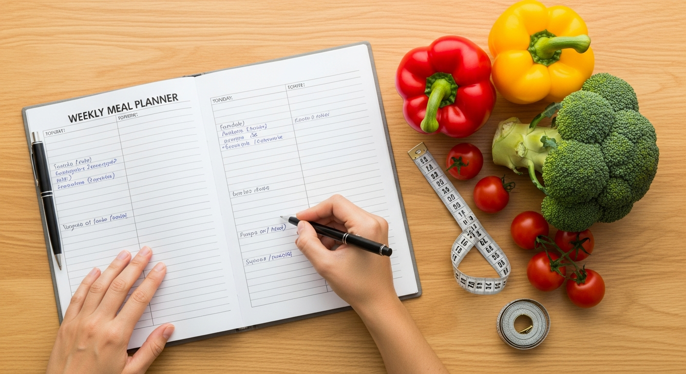 한 사람이 책상 위에서 신선한 채소를 옆에 두고 주간 식단 계획표를 작성하는 모습은, 성공적인 다이어트를 위한 체계적인 계획과 자기 관리의 중요성을 시각적으로 표현합니다.
