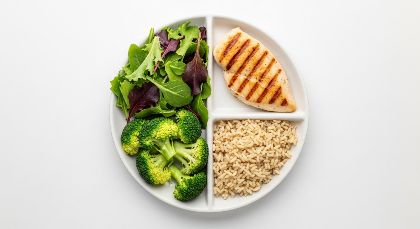 건강한 식단 구성을 보여주는 예시 접시 사진. 접시의 절반은 채소, 1/4은 닭가슴살, 나머지 1/4은 현미밥으로 채워져 있어 균형 잡힌 영양 비율을 직관적으로 보여줍니다.