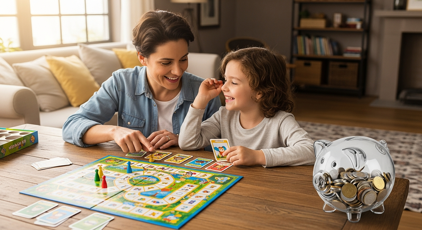 부모와 아이가 집에서 함께 즐겁게 공부하는 옆에 가득 찬 돼지 저금통이 놓여있는 모습은, 홈스쿨링을 통해 사교육비를 절약하고 맞춤형 교육을 실현하는 핵심 가치를 시각적으로 표현합니다.