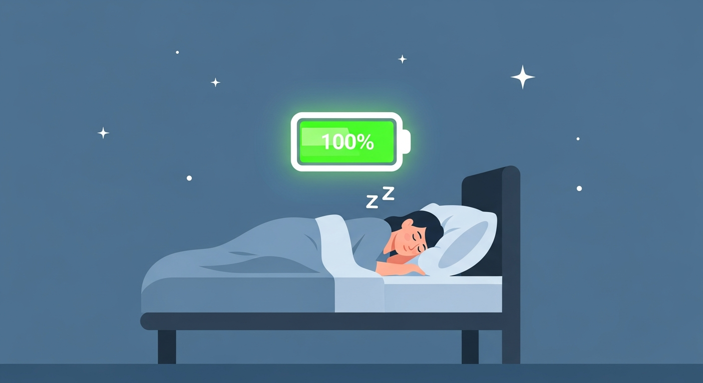 잠자는 사람의 머리 위에서 배터리가 100% 충전되는 모습은, 질 좋은 수면을 통해 신체적, 정신적 에너지를 회복하는 핵심 가치를 시각적으로 표현합니다.