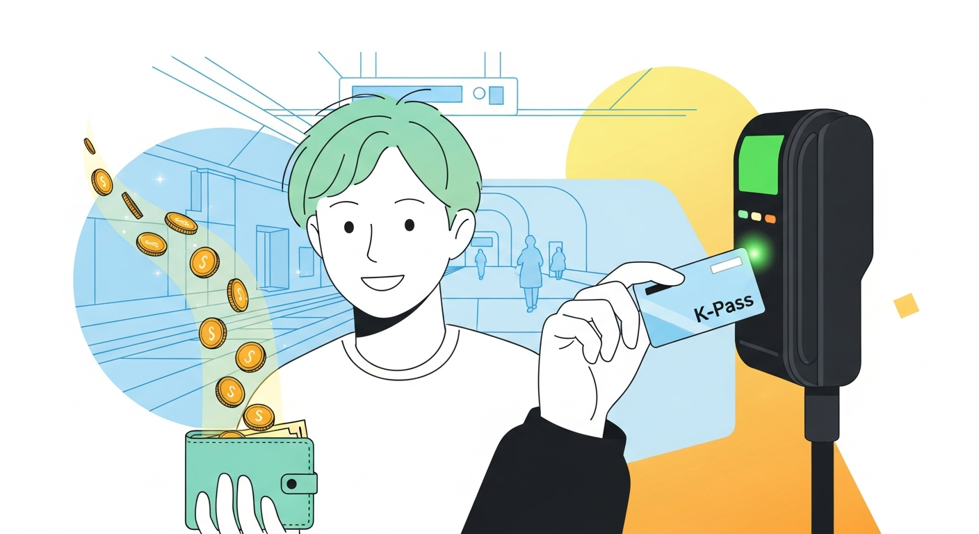 교통카드를 태그하자 동전이 환급되는 모습은 K-패스를 통해 청년 교통비를 절약하는 핵심 혜택을 시각적으로 표현합니다.