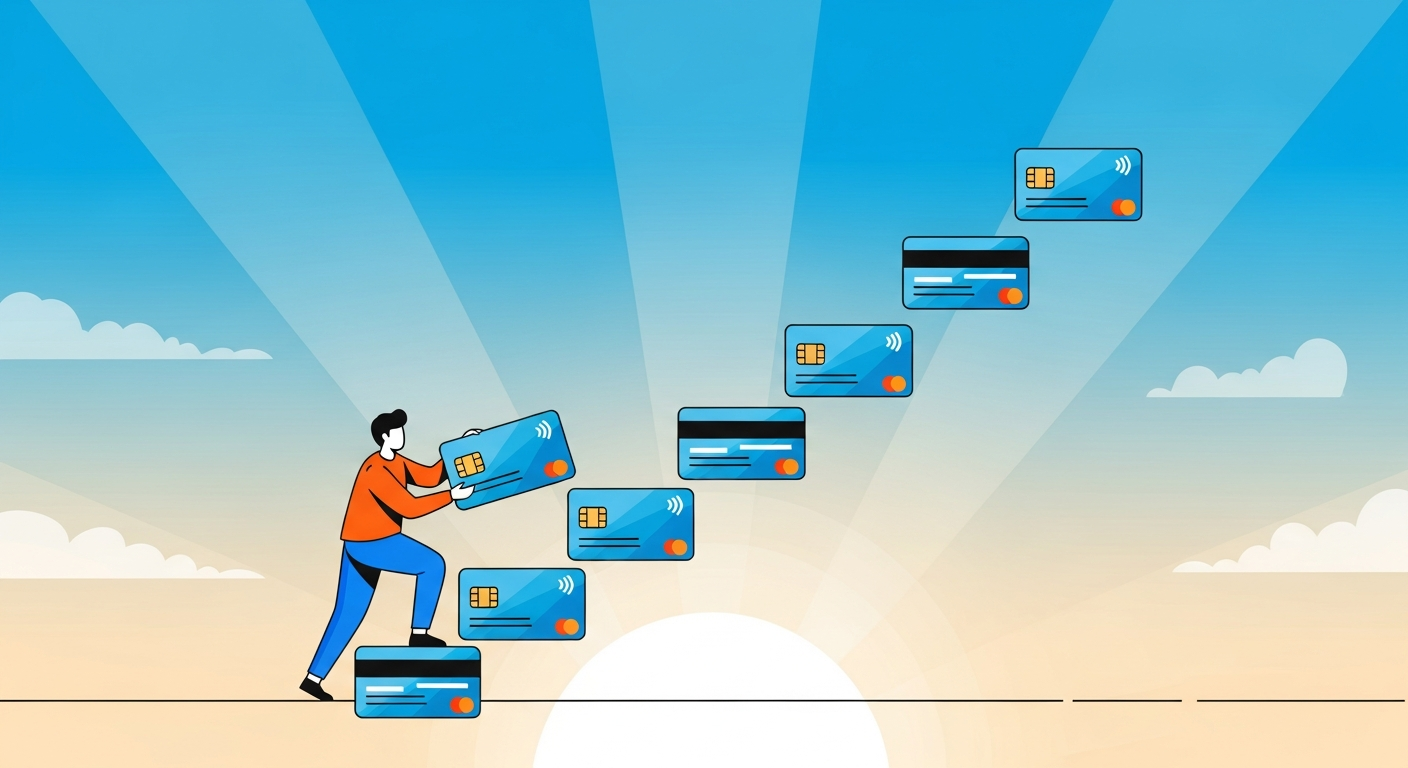 카드 모양의 계단을 밟고 올라가는 모습은 국민내일배움카드를 통해 새로운 기술을 배우고 커리어를 성장시키는 핵심 가치를 시각적으로 표현합니다.