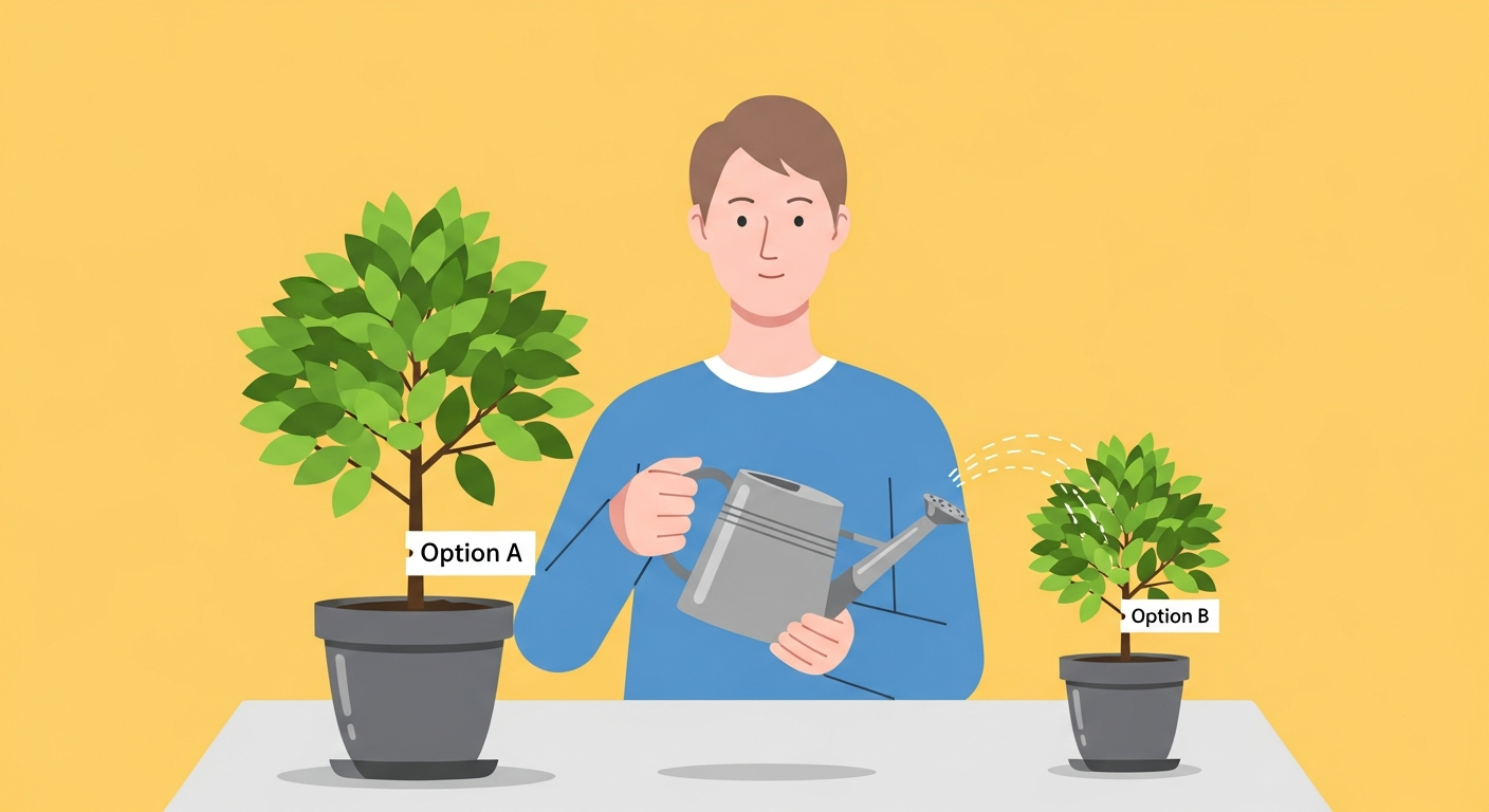 두 개의 돈나무 묘목 중 하나를 선택해 물을 주려는 모습은 연금저축과 IRP 사이에서 자신의 미래를 위한 최적의 금융 상품을 선택하는 현명한 고민을 시각적으로 표현합니다.