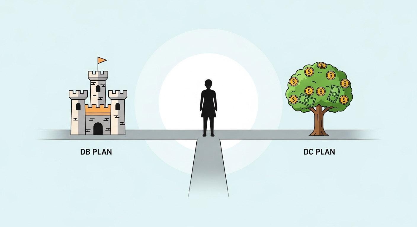 튼튼한 성과 성장하는 돈나무 사이의 갈림길에 선 모습은 안정적인 DB형과 투자 성과에 따라 변동되는 DC형 퇴직연금 사이에서의 중요한 선택을 시각적으로 표현합니다.