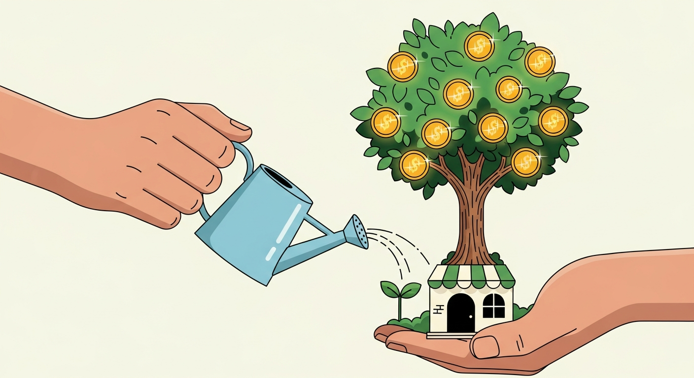 작은 가게 모양의 새싹에 물을 주어 돈나무로 키우는 모습은 소상공인 정책자금이 사업 성장의 든든한 발판이 되어주는 핵심 가치를 시각적으로 표현합니다.