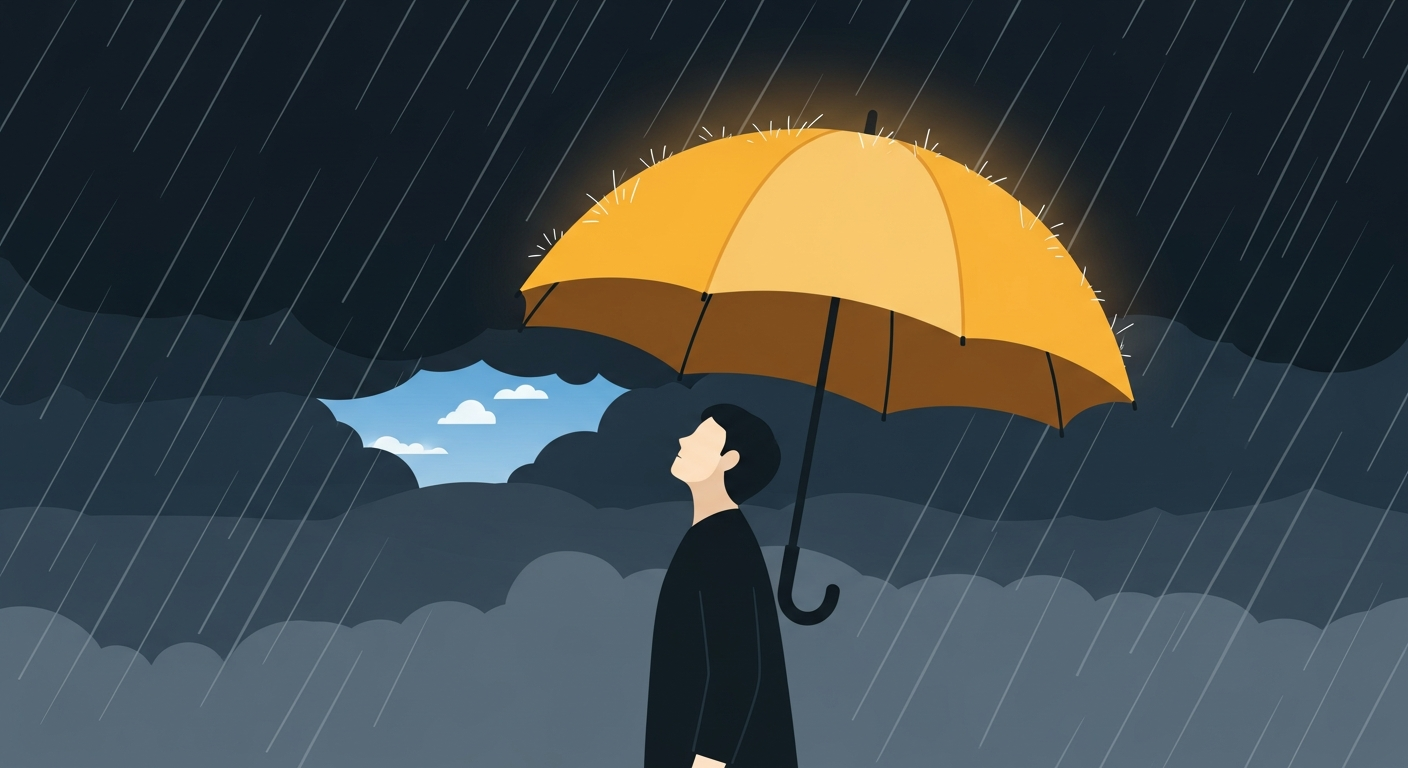 비바람 속에서 튼튼한 우산이 한 사람을 보호하는 모습은, 실업이라는 어려운 시기에 든든한 사회적 안전망이 되어주는 실업급여의 핵심 가치를 시각적으로 표현합니다.