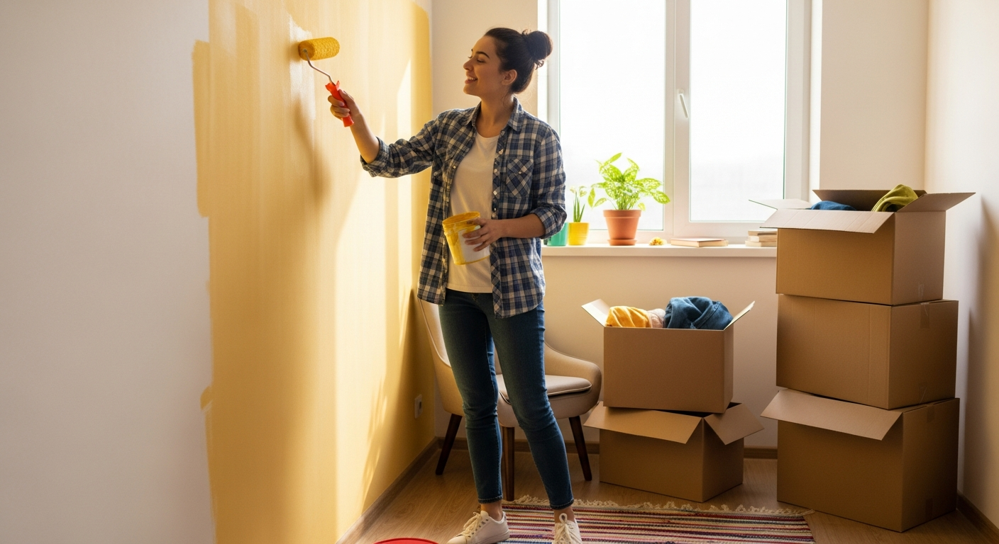 한 청년이 자신의 첫 방을 꾸미며 희망차게 웃는 모습은, 청년 주거급여가 청년의 성공적인 자립과 새로운 시작을 지원하는 핵심 가치를 시각적으로 표현합니다.