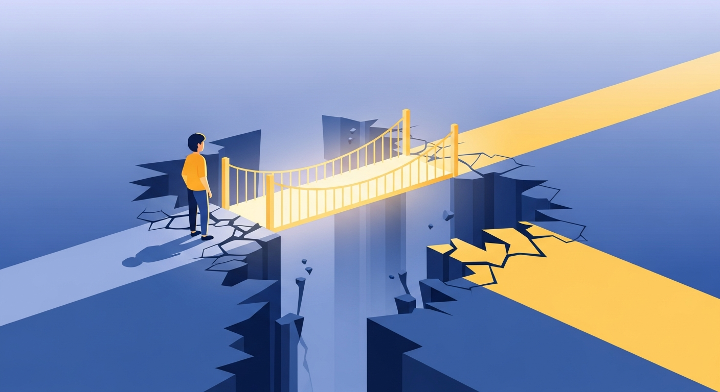 끊어진 길을 이어주는 튼튼한 다리 일러스트는 청년 생활안정자금 대출이 어려운 시기를 극복하는 든든한 디딤돌이 되어주는 가치를 시각적으로 표현합니다.